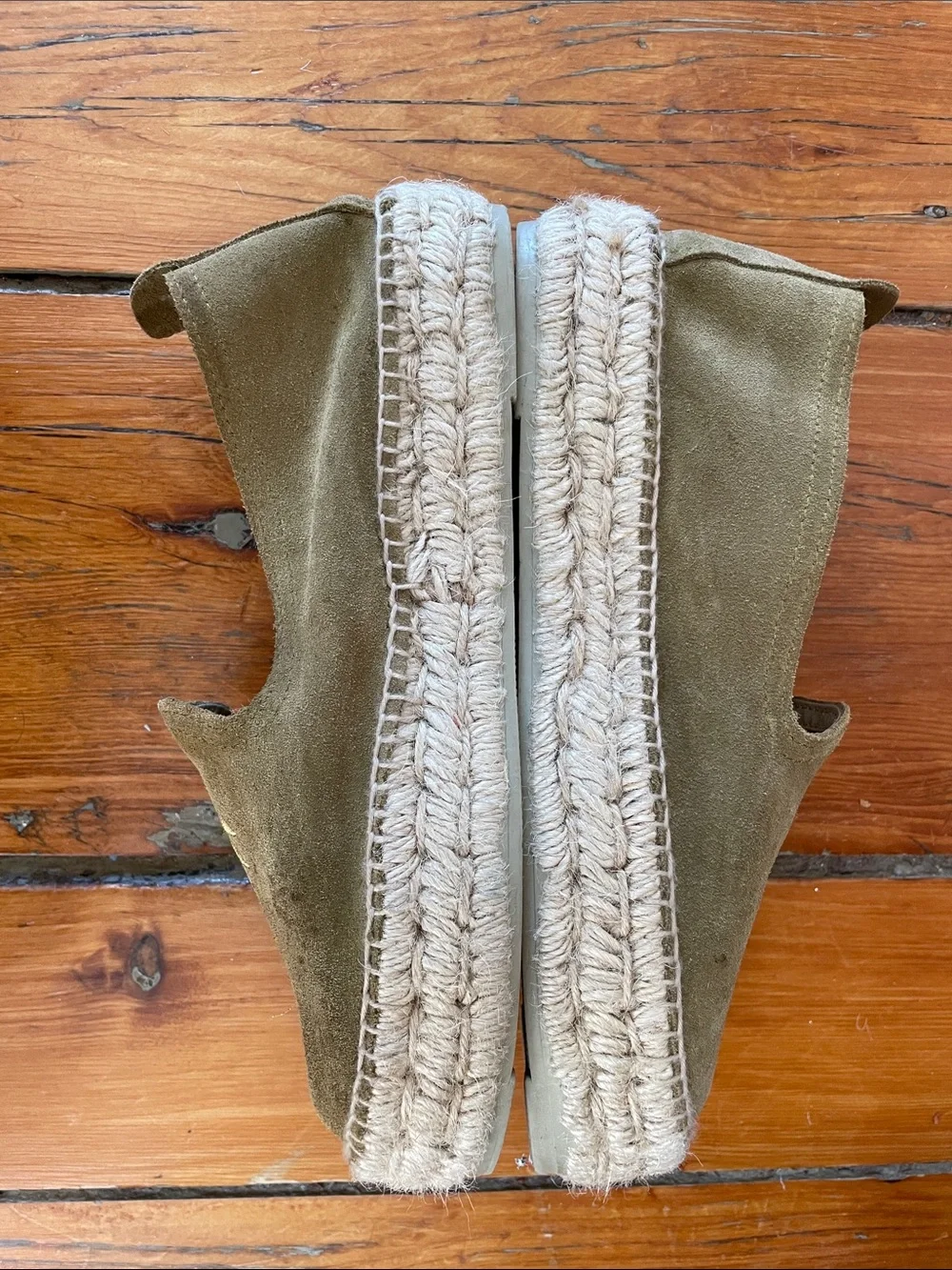 Manebi Olive Suede Espadrille Slip-Ons with Braided Jute Platform